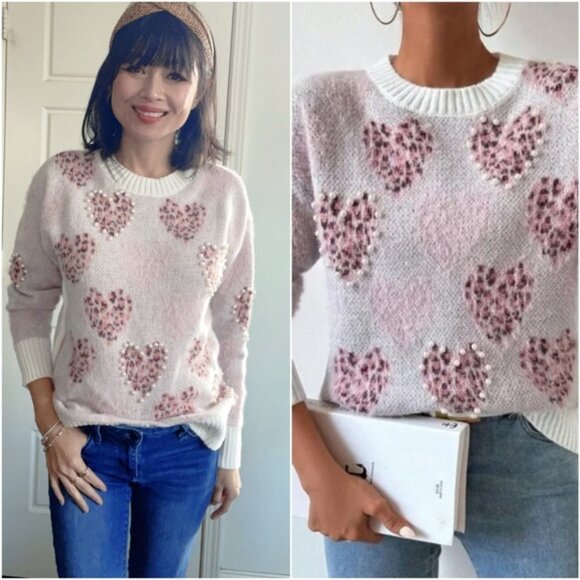 Fuzzy Heart print Vday Love Oversized Sweater Top - Picture 1 of 11